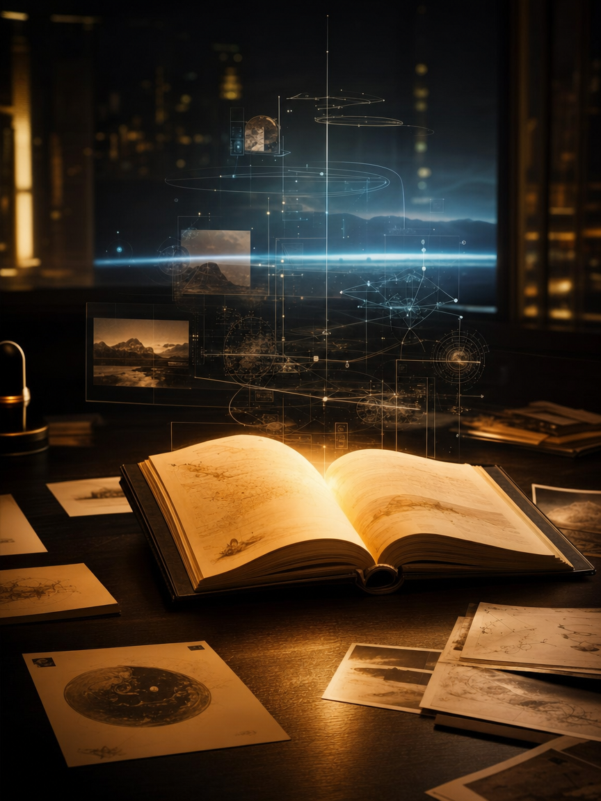 Livro aberto iluminado com mapas abstratos de cenários futuros